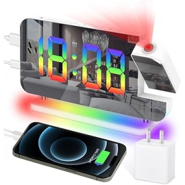 Ceiling digital radio with USB charger ports, 7.3 "large LED screen, 4 dimmer, dual alarm clock with 2 sounds, snooze, Black - Colour: White-rgb