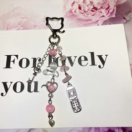 2 Pieces Cute aesthetic Y2k Keychains For Kid Teens Girl Women Beads crystal Heart Kawaii Key Chains (2Pieces-Pink+Red)