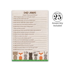 DAD JOKES Baby Shower Games, WOODLAND ANIMALS, Jungle Theme Baby Shower — Pack of 25 — Fun Dad Joke Game, Funny Daddy Joke Trivia, Welcome to the Wild Shower, Gender Neutral Birthday Activity G601-DJK