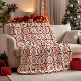 Horaldaily Christmas Flannel Blanket Throw, Christmas Bear Trees Bowknot Ornaments Soft Fuzzy Plush Cozy Fleece Blankets for Couch Sofa Bed Lounging, Ideal Gifts for Kids Adults Wife Self, 50x60