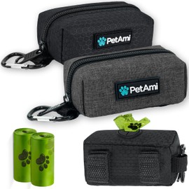 PetAmi Dog Poop Bag Holder for Leash Attachment, Doggie Zipper Pouch Soft Fabric Poop Bag Carrier, Dog Pet Waste Bag Dispenser with Carabiner Clip, 1 Roll of Dog Trash Bag (Black/Gray, 2 Pack)