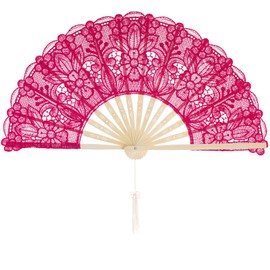 choyaxo Cotton Lace Folding Hand Fans Embroidered Flowers Pattern Handheld Fans for Costume Weddings Dancing Party DIY Bridal Hand Fan (Rose red)