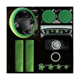 Zpana Car Accessories Set, 10PCS Vehicle Kit with Steering Wheel Cover Seatbelt Pad Cup Holder Mat Start Button Ring Sticker Flower Air Vent Clip, Universal Automotive Interior Ornament (Green)