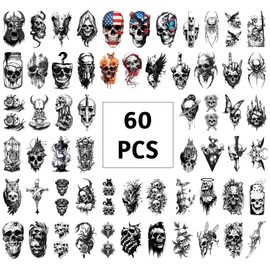 Skull Temporary Tattoos for Adults, 77 Sheets Skeleton Gothic Grim Reaper Fake Tattoos for Men and Women, Black Large Tattoo Stickers for Body Makeup