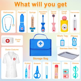 TGTT Children's Wooden Doctor's Case, Children's Toy from 3 Years, Doctor Case Children with Real Stethoscope, Thermometer, Syringe, Doctor's Bag and Doctor's Coat, Gift for Children Toy from 2 3 4 5