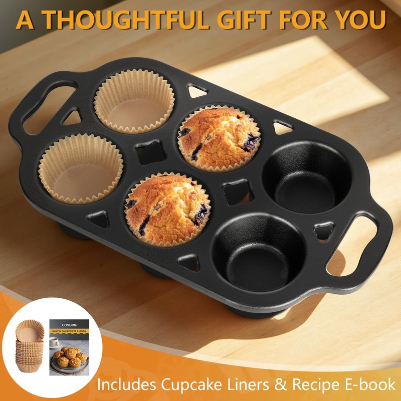 COSORM Pre-Seasoned Cast Iron Muffin Pan - 6-Cup Nonstick Cupcake