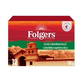 Folgers Lively Colombian Decaf Medium Roast Coffee, Single Serve One Cup Pods made with Arabica Beans for Hot or Iced Coffee Drinks, 12 Count
