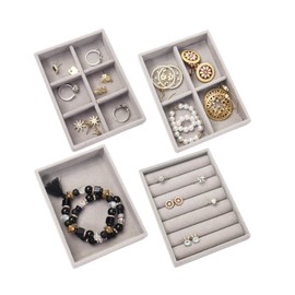 Nwvuop 4 Pack Jewellery Organizer Tray, Stackable Velvet Small Jewellery Trays for Drawer, Mini Jewelry Drawer Organiser Earring Organiser 4.92× 3.74× 1 inches(Grey)
