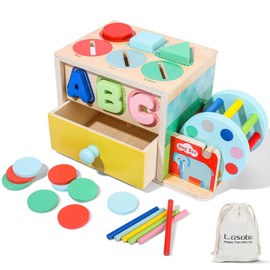 Lasoba Toddlers Wooden Activity Cube Toys, 5-in-1 Montessori Toys for 3 Year Old Boys Girls, Shape Color Sorting Sensory Toy, Drawer Box Toy, Multipurpose Educational Learning for Baby