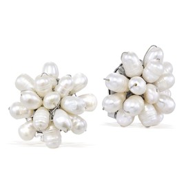 AeraVida Gorgeous Cultured Freshwater White Pearls Cluster Clip On Earrings | Classic Sterling Silver Cuff Earrings for Women | Gift for Daughter, Mother’s Day, Statement Fashion