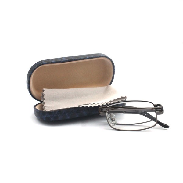EYE ZOOM Compact Rectangular Metal Folding Reading Glasses with Leather Case for Men and Women, Gunmetal Frame, Navy Blue Case, 2.75 Strength