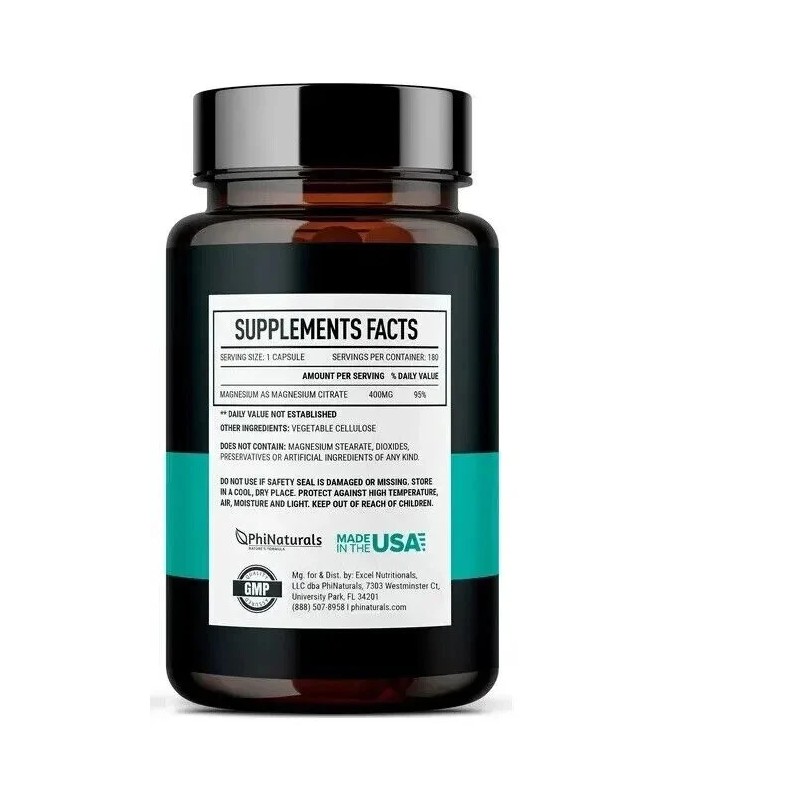 Phi Naturals Magnesium Citrate 400mg 180 Caps Vegetarian/Glu
