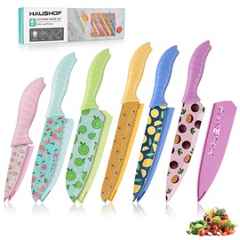 HAUSHOF Kitchen Knife Set, 12-Piece Colorful Knives Set with 6 Sheaths, Non-Stick Coated Stainless Steel Fruit Pattern Blades for Slicing, Dicing&Cutting, Gifts Knife Set for Dad, Mom