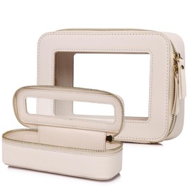 Pinkmik Pinkmik Travel Clear Makeup Bag with Brush Case TSA Approved Toiletry Bag Waterproof Cosmetic Organizer with Zipper Car Essential for Women (Beige, M+SLIM)