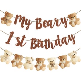 Teddy Bear My Beary 1st Birthday Banners 3Pcs Bear Birthday Party Decorations Glitter Brown Bear First Birthday Banners for Teddy Bear Baby Shower Supplies