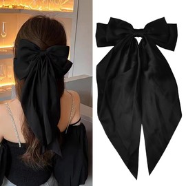 Black Hair Bows Clips for Girls Hair Ribbons for Women Hair Satin Black Hair Bow Barrettes Metal Bowknot Hair Clips With Long Tail Bow Clips for Christmas Hair Pin Accessories for Birthday Party