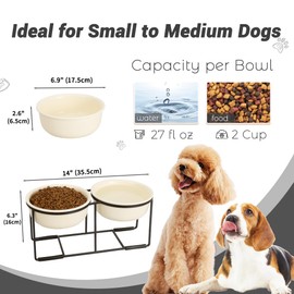 Ceramic Elevated Dog Bowl Set - Raised Food and Water Bowls with Metal Stand - Double Pet Dishes for Small and Medium Dogs - 2 Cups - 27 fl oz - Beige