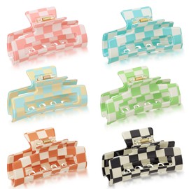 Zeyune Checkered Hair Claw Clips for Women Cute Accessories 3 Inch Multicolored Rectangle Hair Barrettes Non Slip Strong Hold Accessories for Women Girl Y2k Barrettes Valentine's Day Gift Valentines