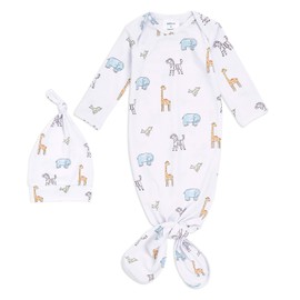 aden + anais Comfort Knit Knotted Newborn Baby Gown and Hat, Super Soft Cotton with Spandex, Infant Gown with Fold Over Mitten Cuffs, 2 Piece Set, 0-3 Months, Jungle Jammin