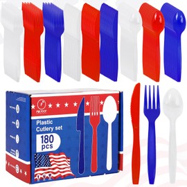 FULJOOY 180 Pieces 4th of July Plastic Silverware Heavy Duty Plastic Cutlery Set Disposable Utensils Includes Spoons Forks Knives for Memorial Day Decorations Utensil Flatware Independence Day