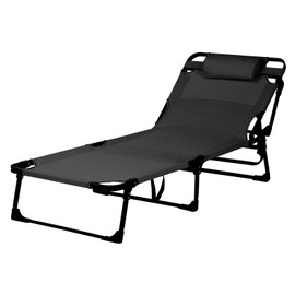 LAJOSON Camping Adjustable Folding Bed, Outdoor Portable Folding Chaise Lounge Chair for Beach, Sunbathing, Patio, Pool, Lawn, Deck with Pillow,Black