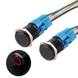 JIQI 16mm Momentary Push Button Switch Waterproof 12V-24V 1NO 1NC Black Aluminium Alloy Metal Push-Button Switch Ring LED with Wire Socket Plug for Car Marine(Red,Pack of 2)