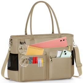 RAINSMORE Laptop Tote Bags for Women 15.6 inch Teacher Bag Large Nurse Utility Bag Computer Messenger Briefcase with Insulated Pocket for Work School Office Business University Khaki