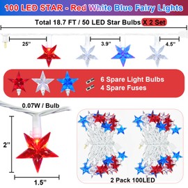 100 LED Red White and Blue Star Lights, 37FT 4th of July Star String Lights Plug in for Home Patio Garden Yard Memorial Day Independence Day Patriotic Decorations Outdoor, White Wire
