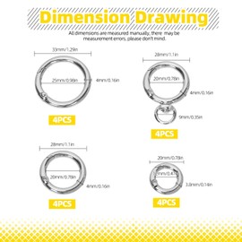 Mardatt 16Pcs 0.47/0.78/0.98inch Trigger Spring O Rings, Round Carabiner Clip Binder Key Rings Metal Keychain Snap Hooks Buckle Circle Purse Shoulder Bag Chain Ring for DIY Charms Crafts Making