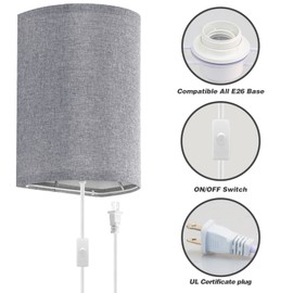 Wall Sconces Set of Two, Fabric Shades Plug in Wall Sconces, 3 Color Temperature Switching Modern Wall Light Fixtures, Wall Lamp with Plug in Cord, On/Off Switch Wall Lights for Bedroom Porch (Grey)