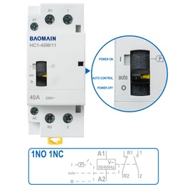 Baomain Manual Household AC Contactor 24VAC 40A 2 Pole 1NO1NC 50/60Hz Modular Contactor Circuit Manual/Automatic Control 35mm DIN Rail HC1-40M/11 (40 Amp.)