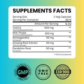 SAIKOU HERBS TUDCA (Tauroursodeoxycholic Acid) 750mg - 5 in 1 with Milk Thistle, Ashwagandha, Dandelion and Ginseng - 60 Servings