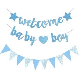 Welcome Baby Boy Banner,Blue Glitter Triangle Flags for Baby Shower Decorations,Gender Reveal, Birthday Party Supplies