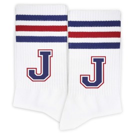 Striped Socks with the Letter ‘J’ in Red & Navy Blue, Initial Socks, Exclusive Gifts for Him&Her, Ladies&Gentlemen, Family, Friends, Birthday Gifts, Anniversary, Thanksgiving, Christmas. (056)