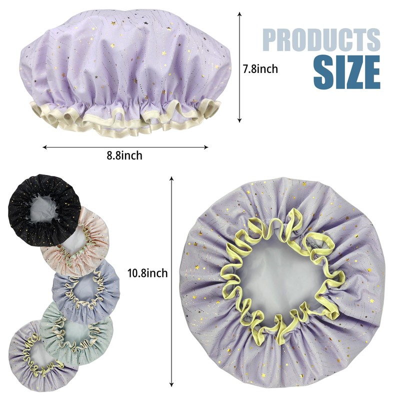 2 Pack Shower Caps, Elastic and Reusable Bonnet, Double Waterproof