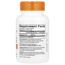 Doctor's Best, Alpha Lipoic Acid 600, 600mg, Veggie Capsules 60 Tablets / Doctor's Best (닥터스베스트), 알파리포산 600, 600mg, 베지 캡슐 60정