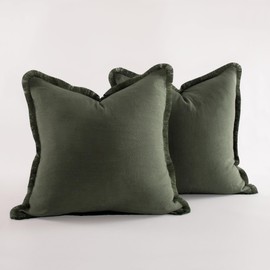 NEXHOME PRO Boho Throw Pillow Covers for Couch Set of 2 20"x20", Handmade Decorative Linen Pillow Covers Shams for Sofa, Living Room, Farmhouse Fringed Cushion Covers, Olive Green (NO Insert)