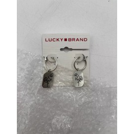 Lucky Brand Silver-Tone Flower Rectangle Charm Hoop Earrings