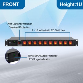 ThePoEstore 1U PDU Network Rackmount with Surge Protector Horizontal Rack Power Strip, (SPD-10KA) 100-240V,15A 3600 Joules, 10 Outlets, 10 LED Switches, with 6ft 14 AWG Cord, ETL Listed