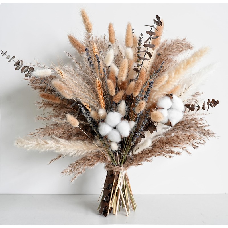 Natural Dried Flower Bouquet - Pampas Grass, Cotton Stems, Bunny