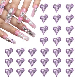 MECCANIXITY 50 Pcs 3D Heart Nail Charm Crystals Nail Gems 8x9mm Crooked Heart-Shape Art Rhinestone Charm for Valentine's Day DIY Decoration, Light Purple