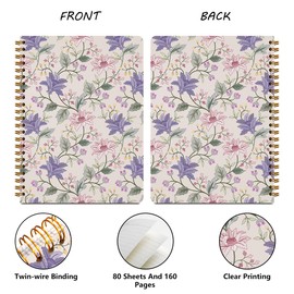 2Pcs Cute Purple Floral Spiral Notebooks for Women, Hardcover Notebook Journal, College Ruled Notebook Travel Journal for Writing Note Taking, Boho Purple Pink Flower Gifts for Women, 8.3x5.8inch