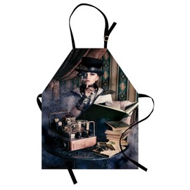 ABAKUHAUS Gothic Apron, Portrait of Steampunk Woman with Medieval Vintage Outfit Historic Fashion Art Photo, Unisex Kitchen Bib Apron with Adjustable Neck for Cooking Baking Gardening, Brown Teal
