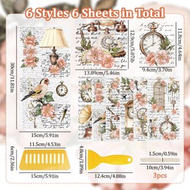 WANDIC 6 Sheets Transfer Stickers Retro Theme Flower Stickers for DIY Scrapbooking Photo Album Furniture 15x30cm