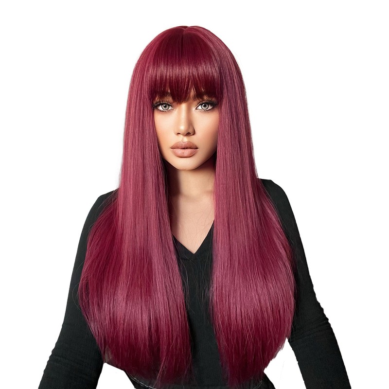 Long Black Wig Human Hair with Bangs and Wig Cap