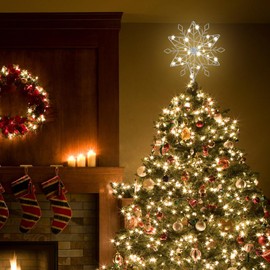 Christmas Tree Topper, PHITRIC 10 Inches Lighted Silver Snow Tree Topper, 20 LED Lights Silver Glitter Powder Tree Toppers Christmas Decorations, Battery Powered Timer Xmas Treetop Star Decor