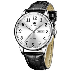 OLEVS Mens Watch Big Face White Adjustable Analog Quartz Men's Wrist Watches Black Leather Strap Arabic Numerals Simple Waterproof Watch Men Casual Easy to Read Calendar Watches for Men