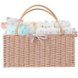 HBlife Large Baby Diaper Caddy Organizer Pink, Paper Rope Storage Baskets Nursery Bin with Removable Divider, Portable Car Organizer for Diapers, Baby Shower Gifts, Newborn Essentials Must Haves