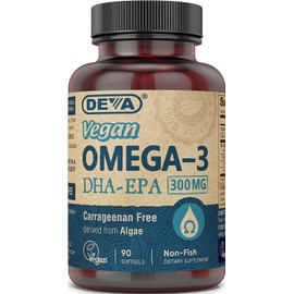 DEVA Vegan Omega-3 DHA EPA Supplement Once-Per-Day Softgel 300 MG - Carrageenan Gelatin & Gluten Free - Non-Fish Algae Oil Fatty Acids - 90 Softgels