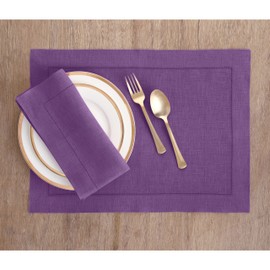 Solino Home Linen Placemats 19" L x 14" W Inch - 100% Pure Linen Purple Cloth Placemats Set of 4 - Classic Hemstitch Washable Fabric Place Mats for Spring, Easter